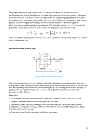 10
The purpose of a closed-loop control filter is to stabilize oscillations and dynamic and static
performance according to specifications. In the case of the above system, the controller is the human
hand that varies the oscillations of the body. In general in the engineering applied to the real world, a
control system is a mechanism for controlling the performance of a product according to legal limits or
product requirements pre-established by the manufacturer. It can be of the following types:
electromechanical, mechanical, electrical, electronic, IT (industrial computers or PLCs). A matrix ISO
(Input State Output) representation of the system described previously is the following:
0 1
/ /
0
1/ 1 0 0
Where Ac and Bc are the dynamic matrices of the states C and D are related to the output. The system is
strictly proper since D=0.
PID control scheme at closed loop:
Figure 12-Control scheme at closed loop PID
The Ziegler-Nichols method for the calibration of PID (Proportional, Integral, Derivative) controllers,
dating back to 1942, is among the most used in industry and is appreciated for its simplicity, for the fact
that it does not require a mathematical model of the process and for the performances it manages to
produce. This is an algorithm to find the so-called "critical gain" Kc, from which the other PID
parameters will be derived.
Algorithm:
1. The process is controlled by an exclusively proportional controller (KI and KD are set to zero);
2. The gain K of the proportional controller is gradually increased;
3. The critical gain Ku is the value of the gain for which the controlled variable presents sustained
oscillations, i.e. which do not disappear after a transient: this is a measure of the effect of the delays
and the dynamics of the process;
4. The critical period Pu of the sustained oscillations is recorded.
 