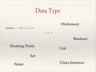 Data Type
Dictionary
sentence = 'this is a cat'
x = 20

Boolean
Floating Point

List

Set
None

Class Instance

 