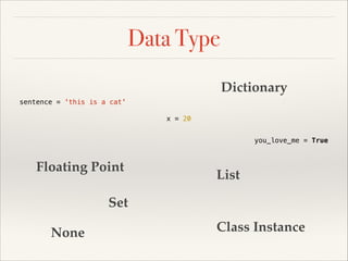 Data Type
Dictionary
sentence = 'this is a cat'
x = 20
you_love_me = True

Floating Point

List

Set
None

Class Instance

 