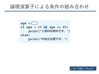 論理演算子による条件の組み合わせ
いろいろ試してみよう！
107
 