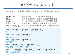 strクラスのメソッド
>>> 'Hello, Python'.count('o')
2
>>> 'PYTHON'.lower()
python
>>> 'python'.upper()
PYTHON
>>> '2021-12-31'.split('-')
['2021', '12', '31']
>>> 'Java言語'.replace('Java', 'Python')
'Python言語'
strクラスには文字列を操作するメソッドが定義されている
count(x) xが文字列にいくつ含まれるかを返す
lower() すべての文字を小文字にした文字列を返す
upper() すべての文字を大文字にした文字列を返す
split(x) 文字列をxで分割した結果をリストで返す
replace(x, y) 文字列に含まれるxをyに置換した結果を返す
144
 