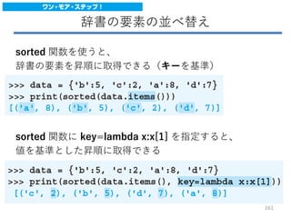 辞書の要素の並べ替え
sorted 関数を使うと、
辞書の要素を昇順に取得できる（キーを基準）
sorted 関数に key=lambda x:x[1] を指定すると、
値を基準とした昇順に取得できる
161
 