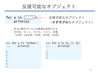 反復可能なオブジェクト
for a in :
print(a)
反復可能なオブジェクト
（イテラブルなオブジェクト）
>>> for a in 'Python':
... print(a)
P
y
t
h
o
n
>>> for a in {1, 2, 3}:
... print(a)
1
2
3
※ for 構文で1つ1つの要素を参照できる
文字列、セット、タプル、リスト、辞書
（str型、tuple型、list型、dict型、set型）
170
 