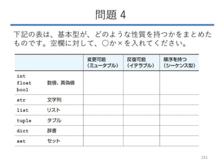 問題 4
下記の表は、基本型が、どのような性質を持つかをまとめた
ものです。空欄に対して、○か×を入れてください。
181
 