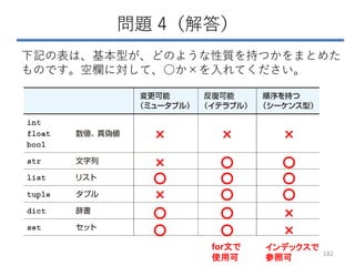 問題 4（解答）
下記の表は、基本型が、どのような性質を持つかをまとめた
ものです。空欄に対して、○か×を入れてください。
182
× × ×
× ○ ○
○ ○ ○
× ○ ○
○ ○ ×
○ ○ ×
for文で
使用可
インデックスで
参照可
 