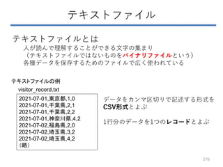 テキストファイル
2021-07-01,東京都,1,0
2021-07-01,千葉県,2,1
2021-07-01,千葉県,2,2
2021-07-01,神奈川県,4,2
2021-07-02,福島県,2,0
2021-07-02,埼玉県,3,2
2021-07-02,埼玉県,4,2
（略）
visitor_record.txt
テキストファイルとは
人が読んで理解することができる文字の集まり
（テキストファイルではないものをバイナリファイルという）
各種データを保存するためのファイルで広く使われている
テキストファイルの例
データをカンマ区切りで記述する形式を
CSV形式とよぶ
1行分のデータを1つのレコードとよぶ
270
 