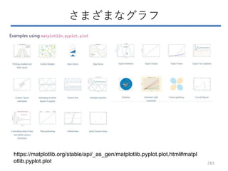 さまざまなグラフ
283
https://matplotlib.org/stable/api/_as_gen/matplotlib.pyplot.plot.html#matpl
otlib.pyplot.plot
 