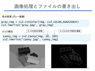 画像処理とファイルの書き出し
gray_img = cv2.cvtColor(img, cv2.COLOR_RGBA2GRAY)
cv2.imwrite('gray.jpg', gray_img)
canny_img = cv2.Canny(img, 50, 100)
cv2.imwrite('canny.jpg', canny_img)
色の変更（グレー画像）
エッジ検出
287
エッジの長さを調整 エッジとみなす輝度の閾値
 