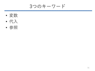 3つのキーワード
• 変数
• 代入
• 参照
31
 