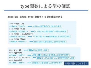 type関数による型の確認
type(値) または type(変数名) で型を確認できる
いろいろ試してみよう！
45
 