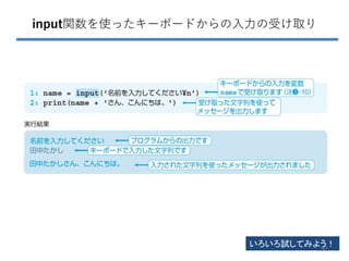 input関数を使ったキーボードからの入力の受け取り
いろいろ試してみよう！
92
 