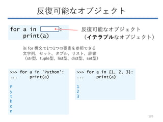 反復可能なオブジェクト
for a in :
print(a)
反復可能なオブジェクト
（イテラブルなオブジェクト）
>>> for a in 'Python':
... print(a)
P
y
t
h
o
n
>>> for a in {1...