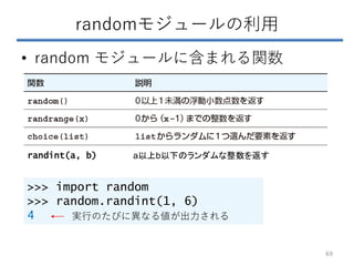 randomモジュールの利用
• random モジュールに含まれる関数
>>> import random
>>> random.randint(1, 6)
4
randint(a, b) a以上b以下のランダムな整数を返す
実行のたびに異な...