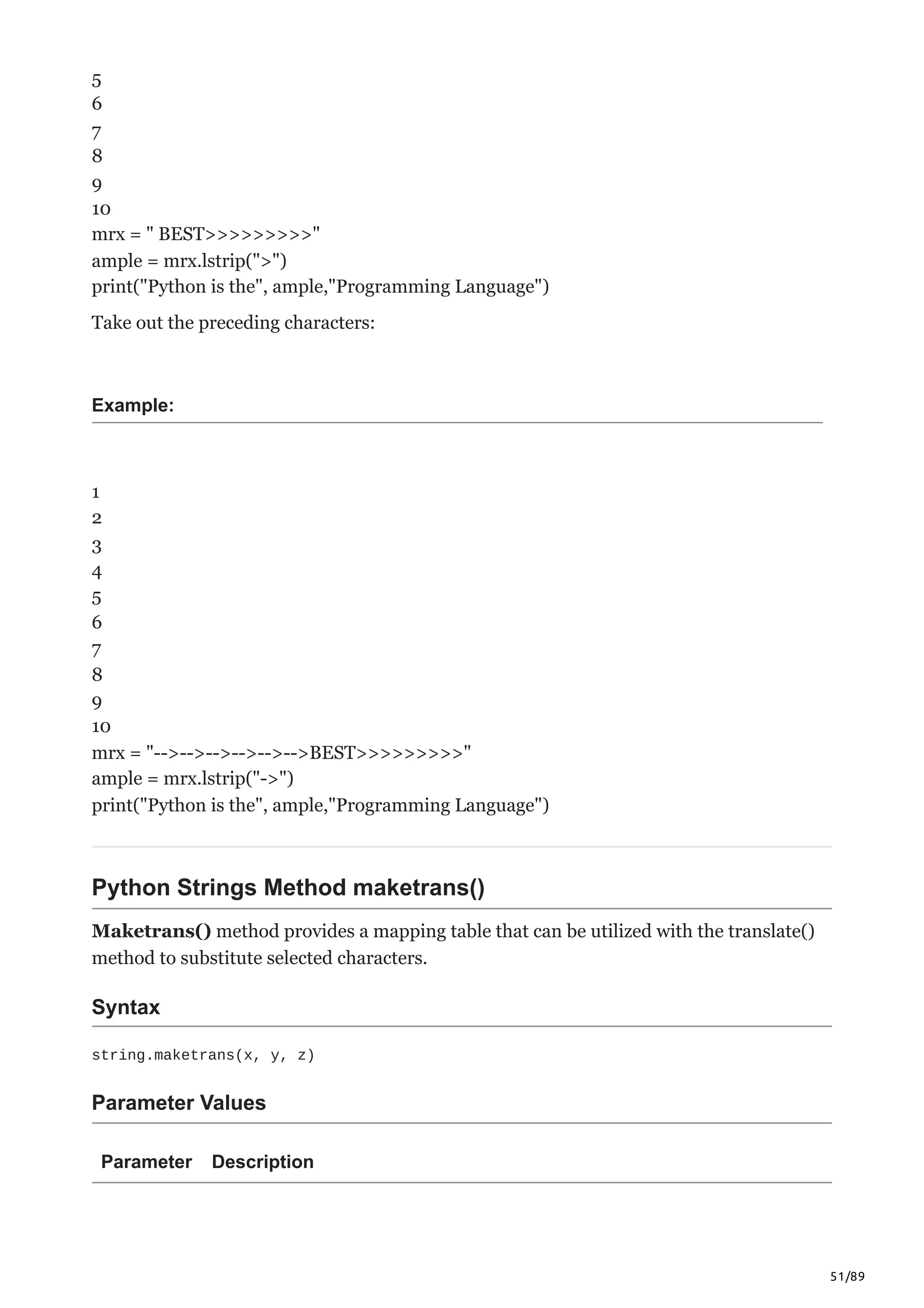51/89
5
6
7
8
9
10
mrx = " BEST>>>>>>>>>"
ample = mrx.lstrip(">")
print("Python is the", ample,"Programming Language")
Take out the preceding characters:
Example:
1
2
3
4
5
6
7
8
9
10
mrx = "-->-->-->-->-->-->BEST>>>>>>>>>"
ample = mrx.lstrip("->")
print("Python is the", ample,"Programming Language")
Python Strings Method maketrans()
Maketrans() method provides a mapping table that can be utilized with the translate()
method to substitute selected characters.
Syntax
string.maketrans(x, y, z)
Parameter Values
Parameter Description
 