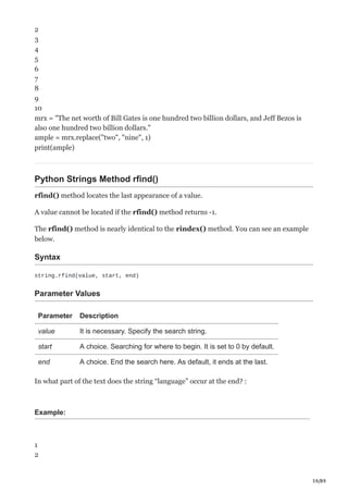 59/89
2
3
4
5
6
7
8
9
10
mrx = "The net worth of Bill Gates is one hundred two billion dollars, and Jeff Bezos is
also one hundred two billion dollars."
ample = mrx.replace("two", "nine", 1)
print(ample)
Python Strings Method rfind()
rfind() method locates the last appearance of a value.
A value cannot be located if the rfind() method returns -1.
The rfind() method is nearly identical to the rindex() method. You can see an example
below.
Syntax
string.rfind(value, start, end)
Parameter Values
Parameter Description
value It is necessary. Specify the search string.
start A choice. Searching for where to begin. It is set to 0 by default.
end A choice. End the search here. As default, it ends at the last.
In what part of the text does the string “language” occur at the end? :
Example:
1
2
 
