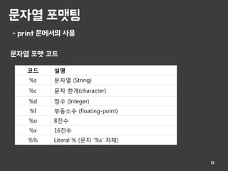 문자열 포맷팅
13
코드 설명
%s 문자열 (String)
%c 문자 한개(character)
%d 정수 (Integer)
%f 부동소수 (floating-point)
%o 8진수
%x 16진수
%% Literal % (문자 '%s' 자체)
- print 문에서의 사용
문자열 포맷 코드
 