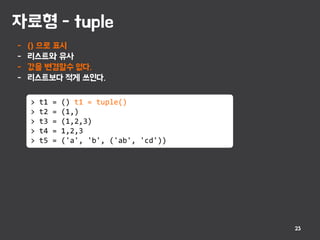 자료형 - tuple
23
- () 으로 표시
- 리스트와 유사
- 값을 변경할수 없다.
- 리스트보다 적게 쓰인다.
> t1 = () t1 = tuple()
> t2 = (1,)
> t3 = (1,2,3)
> t4 = 1,2,3
> t5 = ('a', 'b', ('ab', 'cd'))
 