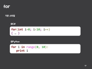 for
57
기본 스타일
for i in range(0, 10):
print i
for(int i=0; i<10; i++)
{ … }
@C#
@Python
 