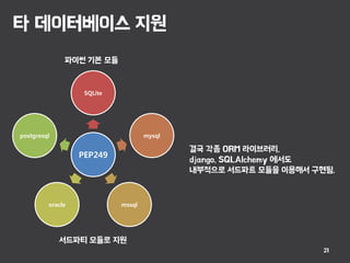 타 데이터베이스 지원
21
PEP249
SQLite
mysql
mssqloracle
postgresql
파이썬 기본 모듈
서드파티 모듈로 지원
결국 각종 ORM 라이브러리,
django, SQLAlchemy 에서도
내부적으로 서드파트 모듈을 이용해서 구현됨.
 
