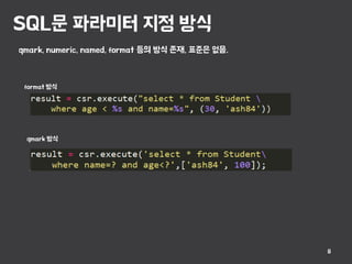 SQL문 파라미터 지정 방식
8
qmark, numeric, named, format 등의 방식 존재, 표준은 없음.
qmark 방식
format 방식
 