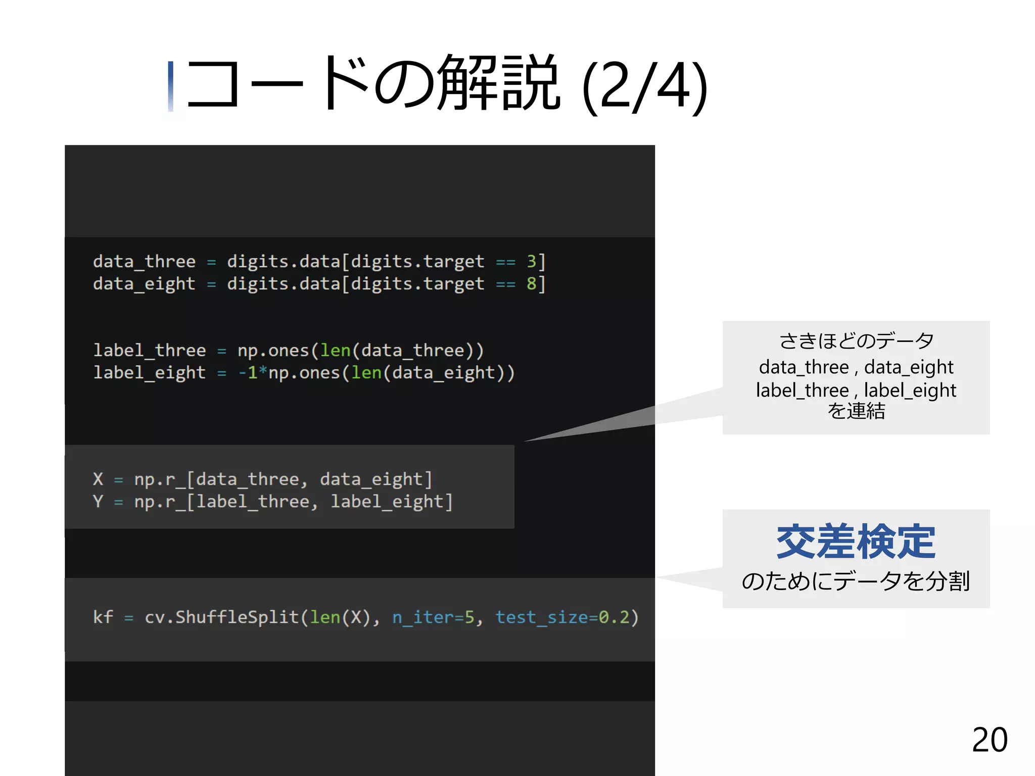 コードの解説 (2/4)
さきほどのデータ
data_three , data_eight
label_three , label_eight
を連結
交差検定
のためにデータを分割
20
 