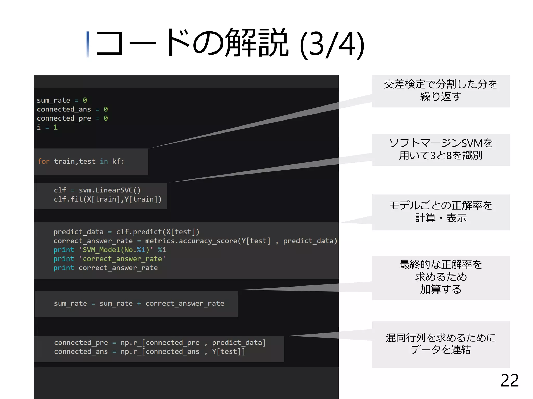 コードの解説 (3/4)
ソフトマージンSVMを
用いて3と8を識別
最終的な正解率を
求めるため
加算する
混同行列を求めるために
データを連結
モデルごとの正解率を
計算・表示
交差検定で分割した分を
繰り返す
22
 