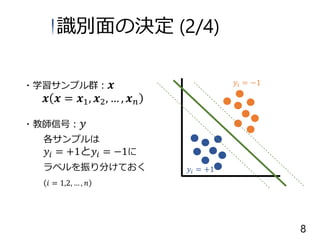 ・学習サンプル群： 𝒙
𝒙 𝒙 = 𝒙1, 𝒙2, … , 𝒙 𝑛
・教師信号： 𝑦
各サンプルは
𝑦𝑖 = +1と𝑦𝑖 = −1に
ラベルを振り分けておく
𝑖 = 1,2, … , 𝑛
𝑦𝑖 = −1
𝑦𝑖 = +1
識別面の決定 (2/4)
8
 