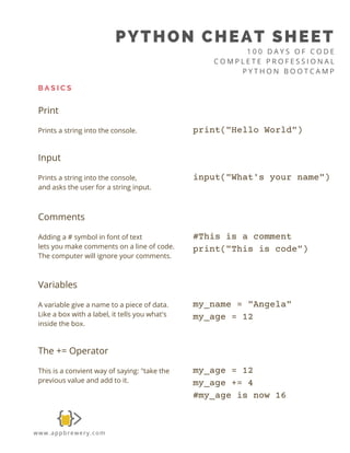 B A S I C S
PYTHON CHEAT SHEET
1 0 0 D A Y S O F C O D E
C O M P L E T E P R O F E S S I O N A L
P Y T H O N B O O T C A M P
www.appbrewery.com
Print
Prints a string into the console. print("Hello World")
Input
Prints a string into the console,
and asks the user for a string input.
input("What's your name")
Comments
Adding a # symbol in font of text
lets you make comments on a line of code.
The computer will ignore your comments.
#This is a comment
print("This is code")
Variables
A variable give a name to a piece of data.
Like a box with a label, it tells you what's
inside the box.
my_name = "Angela"
my_age = 12
The += Operator
This is a convient way of saying: "take the
previous value and add to it.
my_age = 12
my_age += 4
#my_age is now 16
 