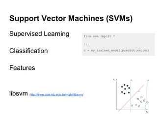 Support Vector Machines (SVMs)
Supervised Learning                                from svm import *

                     ...