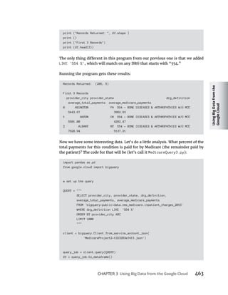 Using
Big
Data
from
the
Google
Cloud
CHAPTER 3 463
print ("Records Returned: ", df.shape )
print ()
print ("First 3 Records")
print (df.head(3))
LIKE '554 %'
Running the program gets these results:
Records Returned: (286, 5)
First 3 Records
provider_city provider_state drg_definition
average_total_payments average_medicare_payments
0 ABINGTON PA 554 - BONE DISEASES & ARTHROPATHIES W/O MCC
5443.67 3992.93
1 AKRON OH 554 - BONE DISEASES & ARTHROPATHIES W/O MCC
5581.00 4292.47
2 ALBANY NY 554 - BONE DISEASES & ARTHROPATHIES W/O MCC
7628.94 5137.31
MedicareQuery3.py
import pandas as pd
from google.cloud import bigquery
# set up the query
QUERY = """
SELECT provider_city, provider_state, drg_definition,
average_total_payments, average_medicare_payments
FROM `bigquery-public-data.cms_medicare.inpatient_charges_2015`
WHERE drg_definition LIKE '554 %'
ORDER BY provider_city ASC
LIMIT 1000
"""
client = bigquery.Client.from_service_account_json(
'MedicareProject2-1223283ef413.json')
query_job = client.query(QUERY)
df = query_job.to_dataframe()
 