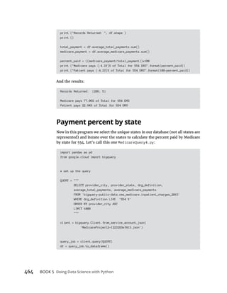 464 BOOK 5
print ("Records Returned: ", df.shape )
print ()
total_payment = df.average_total_payments.sum()
medicare_payment = df.average_medicare_payments.sum()
percent_paid = ((medicare_payment/total_payment))*100
print ("Medicare pays {:4.2f}% of Total for 554 DRG".format(percent_paid))
print ("Patient pays {:4.2f}% of Total for 554 DRG".format(100-percent_paid))
Records Returned: (286, 5)
Medicare pays 77.06% of Total for 554 DRG
Patient pays 22.94% of Total for 554 DRG
MedicareQuery4.py:
import pandas as pd
from google.cloud import bigquery
# set up the query
QUERY = """
SELECT provider_city, provider_state, drg_definition,
average_total_payments, average_medicare_payments
FROM `bigquery-public-data.cms_medicare.inpatient_charges_2015`
WHERE drg_definition LIKE '554 %'
ORDER BY provider_city ASC
LIMIT 1000
"""
client = bigquery.Client.from_service_account_json(
'MedicareProject2-1223283ef413.json')
query_job = client.query(QUERY)
df = query_job.to_dataframe()
 