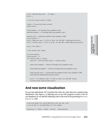 Using
Big
Data
from
the
Google
Cloud
CHAPTER 3 465
print ("Records Returned: ", df.shape )
print ()
# find the unique values of State
states = df.provider_state.unique()
states.sort()
total_payment = df.average_total_payments.sum()
medicare_payment = df.average_medicare_payments.sum()
percent_paid = ((medicare_payment/total_payment))*100
print("Overall:")
print ("Medicare pays {:4.2f}% of Total for 554 DRG".format(percent_paid))
print ("Patient pays {:4.2f}% of Total for 554 DRG".format(100-percent_paid))
print ("Per State:")
# now iterate over states
print(df.head(5))
state_percent = []
for current_state in states:
state_df = df[df.provider_state == current_state]
state_total_payment = state_df.average_total_payments.sum()
state_medicare_payment = state_df.average_medicare_payments.sum()
state_percent_paid = ((state_medicare_payment/state_total_payment))*100
state_percent.append(state_percent_paid)
print ("{:s} Medicare pays {:4.2f}% of Total for 554 DRG".format
(current_state,state_percent_paid))
Medicare
Query4.py
# we could graph this using MatPlotLib with the two lists
# but we want to use DataFrames for this example
data_array = {'State': states, 'Percent': state_percent}
 