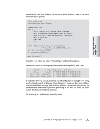 Using
Big
Data
from
the
Google
Cloud
CHAPTER 3 467
measured by air quality:
import pandas as pd
from google.cloud import bigquery
# sample query from:
QUERY = """
SELECT location, city, country, value, timestamp
FROM `bigquery-public-data.openaq.global_air_quality`
WHERE pollutant = "pm10" AND timestamp > "2017-04-01"
ORDER BY value DESC
LIMIT 1000
"""
client = bigquery.Client.from_service_account_json(
'MedicareProject2-1223283ef413.json')
query_job = client.query(QUERY)
df = query_job.to_dataframe()
print (df.head(3))
location city country value timestamp
1 Bukhiin urguu Ulaanbaatar MN 1428.00 2019-01-21 17:00:00 00:00
2 Chaiten Norte Chaiten Norte CL 999.83 2018-04-24 11:00:00 00:00
mainly due to intense industrialization.
 
