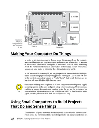 474 BOOK 6 Talking to Hardware with Python
Making Your Computer Do Things
In order to get our computer to do and sense things apart from the computer
or an actuator. A sensor is a small piece of electronics that can detect something
actuator is a
fancy word for a motor or cable that does things in the real world.
In the remainder of this chapter, we are going to learn about the necessary ingre-
is the physical computing version of “Hello World” that we all do when we are
learning software. Blinking LED, here we come!
grabbing a mouse, keyboard, and monitor to do the set-up for beginners, but
Again, the best place to start is with www.raspberrypi.org.
Using Small Computers to Build Projects
That Do and Sense Things
Earlier in this chapter, we talked about computers in the kitchen. All those com-
 