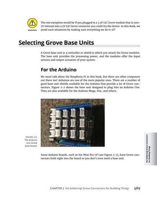 No
Soldering!
Grove
Connectors
for
Building
Things
CHAPTER 2 No Soldering! Grove Connectors for Building Things 489
avoid such situations by making sure everything we do is 5V!
Selecting Grove Base Units
A Grove base unit is a controller or shield to which you attach the Grove modules.
sensors and output actuators of your system.
For the Arduino
We most talk about the Raspberry Pi in this book, but there are other computers
out there too! Arduinos are one of the more popular ones. There are a number of
good base unit shields available for the Arduino that provide a lot of Grove con-
They are also available for the Arduino Mega, Due, and others.
-
nectors built right into the board so you don’t even need a base unit.
The Arduino
Uno Grove
base board.
 