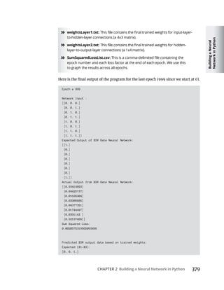 Building
a
Neural
Network
in
Python
CHAPTER 2 Building a Neural Network in Python 379
» weightsLayer1.txt:
» weightsLayer2.txt:
» SumSquaredLossList.csv:
Epoch # 999
Network Input :
[[0. 0. 0.]
[0. 0. 1.]
[0. 1. 0.]
[0. 1. 1.]
[1. 0. 0.]
[1. 0. 1.]
[1. 1. 0.]
[1. 1. 1.]]
Expected Output of XOR Gate Neural Network:
[[1.]
[0.]
[0.]
[0.]
[0.]
[0.]
[0.]
[1.]]
Actual Output from XOR Gate Neural Network:
[[0.93419893]
[0.04425737]
[0.01636304]
[0.03906686]
[0.04377351]
[0.01744497]
[0.0391143 ]
[0.93197489]]
Sum Squared Loss:
0.0020575319565093496
Predicted XOR output data based on trained weights:
Expected (X1-X3):
[0. 0. 1.]
 