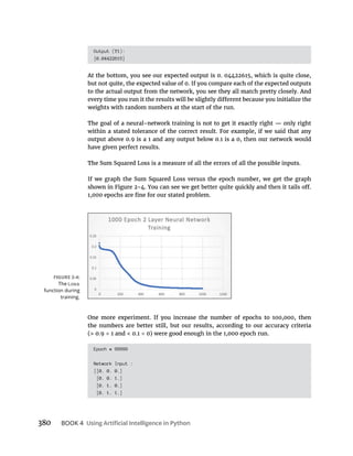 380 BOOK 4
Output (Y1):
[0.04422615]
weights with random numbers at the start of the run.
have given perfect results.
Epoch # 99999
Network Input :
[[0. 0. 0.]
[0. 0. 1.]
[0. 1. 0.]
[0. 1. 1.]
The Loss
function during
training.
 