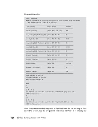638 BOOK 7
Here are the results:
import complete
WARNING:tensorflow:No training configuration found in save file: the model
was *not* compiled. Compile it manually.
_________________________________________________________________
Layer (type) Output Shape Param #
=================================================================
conv2d (Conv2D) (None, 150, 150, 32) 896
_________________________________________________________________
max_pooling2d (MaxPooling2D) (None, 75, 75, 32) 0
_________________________________________________________________
conv2d_1 (Conv2D) (None, 75, 75, 32) 9248
_________________________________________________________________
max_pooling2d_1 (MaxPooling2 (None, 37, 37, 32) 0
_________________________________________________________________
conv2d_2 (Conv2D) (None, 37, 37, 64) 18496
_________________________________________________________________
max_pooling2d_2 (MaxPooling2 (None, 18, 18, 64) 0
_________________________________________________________________
dropout (Dropout) (None, 18, 18, 64) 0
_________________________________________________________________
flatten (Flatten) (None, 20736) 0
_________________________________________________________________
dense (Dense) (None, 64) 1327168
_________________________________________________________________
dropout_1 (Dropout) (None, 64) 0
_________________________________________________________________
dense_1 (Dense) (None, 2) 130
=================================================================
Total params: 1,355,938
Trainable params: 1,355,938
Non-trainable params: 0
_________________________________________________________________
None
1
1.0
[[ 0. 1.]]
Our Network has concluded that the file 'Cat150x150.jpeg' is a Cat
100% Confidence Level
0
1.0
[[ 1. 0.]]
Our Network has concluded that the file 'Dog150x150.JPG' is a Dog
100% Confidence Level
 