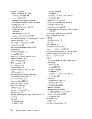 654 Python All-in-One For Dummies
computers (continued)
physical computing, 471–486
controlling LED, 482–484
in everyday life, 472
making computers do things, 474
Pulse-width modulation (PWM), 485–486
Raspberry Pi, 476–482
assembling hardware, 478–482
GPIO pins, 477
GPIO Python libraries, 477
hardware for “Hello World,” 478
using small computers to build projects, 474–476
robotics and, 568, 572–573
SBC (single board computer), 473
small systems, 475
VNC (virtual network computer), 396
concatenating
numbers to strings, 197
strings, 101–102
connectors. See also Grove connectors
digital connectors, 493
GND connector, 498
GPIO connector, 473
SCL connector, 498
SDA connector, 498
standardized connectors, 487–488
VCC connector, 498
consumer behavior, big data and, 430
Consumer Electronic Show (CES), 571
content variable, 276, 333
context manager, 270–271
contextual coding, 270–271
continue statements
with for loops, 140
with while loops, 143–144
control circuits, 578
controller boards, Python Mars Rover PiCar-B, 578
converting
to Boolean, 293
to date, 292–293
to integers, 291
to objects and dictionaries, 295–302
strings, 290–291
data to JSON format, 304
Excel dates to JSON dates, 309–310
Excel spreadsheet, 305
convolutional neural networks (CNN), 406–409,
625, 626
cooperative robots (cobots), 568, 570
copy() method, 162, 163, 181
copying
data dictionaries, 182
lists, 162
core language, 56
correlation heat plots, 450
.count() method, 157, 163, 164
CPU (central processing units), 360, 415, 473
crashing, keeping app from, 253–255
Create (x:) mode, 269
CSS, 8
converting
to Boolean, 293
to date, 292–293
to integers, 291
to objects and dictionaries, 295–302
strings, 290–291
importing
to dictionaries, 299–302
to objects, 296–299
in Microsoft Excel, 286
opening, 288–290
reading into lists, 300–301
saving scraped data to, 336–338
storing information in, 518
in text editor, 287
csv writer, 337
curly braces, 54
cut, diamond database, 440
 