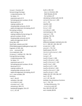 Index 659
format() function, 87
format strings (f-strings)
in data dictionaries, 192
for dates, 111
expression part of, 91
formatting percent numbers, 93–94
literal part of, 91
making multiline, 95
showing dollar amounts, 92–93
width and alignment, formatting, 96–97
formatting numbers
with f-strings, 91–92
making multiline format strings, 95
percent numbers, 93–94
showing dollar amounts, 92–93
width and alignment, 96–97
Forta, Ben, 459
fossil fuels, robotics and, 569
fragment, of URL, 324
from . command, 347
from statement, 348
fromkeys() method, 181, 188–190
f-strings (format strings)
in data dictionaries, 192
for dates, 111
expression part of, 91
formatting percent numbers, 93–94
literal part of, 91
making multiline, 95
showing dollar amounts, 92–93
width and alignment, formatting, 96–97
full_name variable, 290
functions
abs(), 86, 87
activation, 369, 400
allLEDSOff(), 601
alphabetize(), 202
anonymous, 206–212
backwardPropagate, 376–377
bin(), 87, 98
built-in, 208, 343
descrip function, 444
Math Module, 89–90
for numbers, 87
calculating numbers with, 86–90
centerAllServos(), 606
chr(), 142
color(), 600
Color(), 601
colorWipe(), 600
commenting on, 195
complex(), 100
creating, 194–195
descrip, 444
dir(), 340–341, 343, 346, 347
enumerate(), 280
extend(), 153, 163
feedForward, 376–377
fetchUltraDistance(), 602
float(), 87
format(), 87
headTiltDown(), 604
headTiltMiddle(), 604
headTiltPercent(), 605
headTiltUp(), 604
headTurnLeft(), 603
headTurnMiddle(), 603
headTurnPercent(), 604
headTurnRight(), 603
help(), 243, 341–343, 346, 347
hex(), 87, 98
int(), 87, 144, 291
lambdas. See anonymous functions
len(), 102, 150
for data dictionaries, 174
transform and, 207
loss, 369–370, 387, 401
math module, 88–90
 