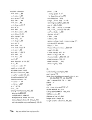 660 Python All-in-One For Dummies
functions (continued)
math.acos(), 89
math.atan(), 89
math.atan2(), 89
math.ceil(), 89
math.cos(), 89
math.degrees(), 89
math.e, 89
math.exp(), 90
math.factorial(), 90
math.floor(), 90
math.isnan(), 90
math.log(), 90
math.log2(), 90
math.pi, 90
math.pow(), 90
math.radians(), 90
math.sin(), 90
math.sqrt(), 89, 90
math.tan(), 90
math.tau(), 90
max(), 87
mean_squared_error, 387
min(), 87
model.evaluate, 401
model.predict, 389
motorBackward(), 602
MotorDirectionSet, 547
motorForward(), 596, 602
MotorSpeedSetAB, 547
neuron activation, 630
newline="," 308
newline='', 337
oct(), 87, 98
ord(), 104
passing information to, 196–205
arguments, 204–205
multiple values, 199–200
multiple values in lists, 202–203
optional parameters with defaults, 198
using keyword arguments (kwargs), 200–201
print(), 274
adding spaces in, 197
for data dictionaries, 172
rainbowCycle(), 600
range(), in for loop, 134–136
returning values from, 205–206
round(), 86–87, 388
set_Front_LED_Off(), 599–600
set_Front_LED_On(), 598–599
setPixelColor(), 601
sigmoid, 369, 377
sleep(), 597
softmax, 400
sparse categorical crossentropy, 401
stopMotor(), 602–603
str(), 87, 158
theaterChaseRainbow(), 600–601
type(), 87, 340
ultra.checkdisk(), 585
wheelsLeft(), 596, 605
wheelsMiddle(), 596, 598, 605
wheelsPercent, 596–597
wheelsPercent(), 606
wheelsRight(), 605
G
Gartner analysis company, 430
gearing sets, 578
general purpose input-output (GPIO), 477, 482,
486, 540, 548, 555, 562–563, 578
.get() method, 175, 176, 181, 334
gettz, 121
Git, 18
git clone command, 512, 545
GitHub website, 363, 513
GMT (Greenwich Mean Time), 119
GND connector, 498
GND signal line, 493, 495
Google Brain Groups, 363
Google Chrome Extensions, 325, 326
 