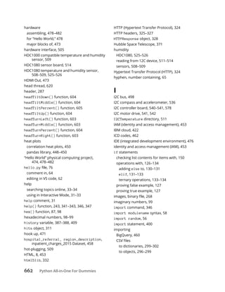 662 Python All-in-One For Dummies
hardware
assembling, 478–482
for “Hello World,” 478
major blocks of, 473
hardware interface, 505
HDC1000 compatible temperature and humidity
sensor, 509
HDC1080 sensor board, 514
HDC1080 temperature and humidity sensor,
508–509, 525–526
HDMI Out, 473
head thread, 620
header, 287
headTiltDown() function, 604
headTiltMiddle() function, 604
headTiltPercent() function, 605
headTiltUp() function, 604
headTurnLeft() function, 603
headTurnMiddle() function, 603
headTurnPercent() function, 604
headTurnRight() function, 603
heat plots
correlation heat plots, 450
pandas library, 448–450
“Hello World” physical computing project,
474, 478–482
hello.py
comment in, 64
editing in VS code, 62
help
searching topics online, 33–34
using in Interactive Mode, 31–33
help comment, 31
help() function, 243, 341–343, 346, 347
hex() function, 87, 98
hexadecimal numbers, 98–99
history variable, 387–388, 409
hits object, 311
hook up, 471
hospital_referral_ region_description,
inpatient_charges_2015 Dataset, 458
hot-plugging, 509
HTML, 8, 453
html5lib, 332
HTTP (Hypertext Transfer Protocol), 324
HTTP headers, 325–327
HTTPResponse object, 328
Hubble Space Telescope, 371
humidity
HDC1080, 525–526
reading from 12C device, 511–514
sensors, 508–509
Hypertext Transfer Protocol (HTTP), 324
hyphen, number containing, 65
I
I2C bus, 498
I2C compass and accelerometer, 536
I2C controller board, 540–541, 578
I2C motor drive, 541, 542
I2CTemperature directory, 511
IAM (identity and access management), 453
IBM cloud, 422
ICD codes, 462
IDE (integrated development environment), 476
identity and access management (IAM), 453
if statements
checking list contents for items with, 150
operations with, 126–134
adding else to, 130–131
elif, 131–133
ternary operations, 133–134
proving false example, 127
proving true example, 127
imaginary numbers, 99
import command, 346
import modulename syntax, 58
import random, 56
import statement, 400
importing
BigQuery, 460
to dictionaries, 299–302
to objects, 296–299
 