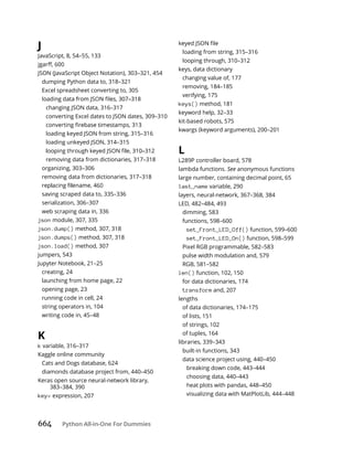 664 Python All-in-One For Dummies
J
JavaScript, 8, 54–55, 133
JSON (JavaScript Object Notation), 303–321, 454
dumping Python data to, 318–321
Excel spreadsheet converting to, 305
changing JSON data, 316–317
converting Excel dates to JSON dates, 309–310
loading keyed JSON from string, 315–316
loading unkeyed JSON, 314–315
removing data from dictionaries, 317–318
organizing, 303–306
removing data from dictionaries, 317–318
saving scraped data to, 335–336
serialization, 306–307
web scraping data in, 336
json module, 307, 335
json.dump() method, 307, 318
json.dumps() method, 307, 318
json.load() method, 307
jumpers, 543
Jupyter Notebook, 21–25
creating, 24
launching from home page, 22
opening page, 23
running code in cell, 24
string operators in, 104
writing code in, 45–48
K
k variable, 316–317
Kaggle online community
Cats and Dogs database, 624
diamonds database project from, 440–450
Keras open source neural-network library,
383–384, 390
key= expression, 207
loading from string, 315–316
looping through, 310–312
keys, data dictionary
changing value of, 177
removing, 184–185
verifying, 175
keys() method, 181
keyword help, 32–33
kit-based robots, 575
kwargs (keyword arguments), 200–201
L
L289P controller board, 578
lambda functions. See anonymous functions
large number, containing decimal point, 65
last_name variable, 290
layers, neural-network, 367–368, 384
LED, 482–484, 493
dimming, 583
functions, 598–600
set_Front_LED_Off() function, 599–600
set_Front_LED_On() function, 598–599
Pixel RGB programmable, 582–583
pulse width modulation and, 579
RGB, 581–582
len() function, 102, 150
for data dictionaries, 174
transform and, 207
lengths
of data dictionaries, 174–175
of lists, 151
of strings, 102
of tuples, 164
libraries, 339–343
built-in functions, 343
data science project using, 440–450
breaking down code, 443–444
choosing data, 440–443
heat plots with pandas, 448–450
visualizing data with MatPlotLib, 444–448
 