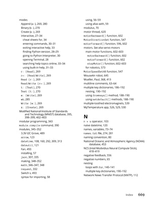 Index 669
modes
Append (a:), 269, 280
Binary (b:), 270
Create (x:), 269
interactive, 27–34
cheat sheets for, 34
entering commands, 30–31
exiting interactive help, 33
going to Python Interpreter, 30
opening Terminal, 28
searching help topics online, 33–34
using built-in help, 31–33
r: (Read), 269
r+: (Read/Write), 269
Read (r:), 269
Read/Write (r+:), 269
t: (Text), 270
Text (t:), 270
w: (Write), 269
wb, 285
Write (w:), 269
x: (Create), 269
and Technology (MNIST) database, 395,
398–399, 402–403
modular programming, 343
module.compile command, 390
modules, 345–352
3.3V I2C Grove, 489
arrow, 123
datetime, 108, 160, 292, 309, 313
dateutil, 121
Fan, 493
installing, 57
json, 307, 335
making, 348–352
math, 346–347, 348
request, 332
Switch s, 493
syntax for importing, 58
using, 56–59
using alias with, 59
modulus, 70
motor thread, 620
motorBackward() function, 602
MotorDirectionSet function, 547
motorForward() function, 596, 602
motors. See also servo motors
main motor functions, 602–603
motorBackward() function, 602
motorForward() function, 602
stopMotor() function, 602–603
for robotics, 573
MotorSpeedSetAB function, 547
MouseAir robot, 645
Mueller, Paul, 368, 413
multiline comments, 63–64
multiple key dictionaries, 186–192
nesting, 190–192
using fromkeys() method, 188–190
using setdefault() methods, 188–190
multiple-toothed electromagnets, 539
MyTemperature app, 526, 529, 530
N
n * s operator, 103
naïve datetime, 120
names, variables, 73–74
names.txt
naming convention, 80
National Oceanic and Atmospheric Agency (NOAA)
database, 453
NCS (Intel Modvidius Neural Compute Stick),
418–419
negative feedback, 556
negative numbers, 65
nesting
loops with for, 140–141
multiple key dictionaries, 190–192
Network News Transfer Protocol (NNTP), 112
 