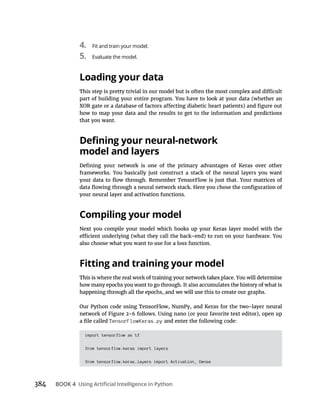 384 BOOK 4
4. Fit and train your model.
5. Evaluate the model.
Loading your data
model and layers
Compiling your model
Fitting and training your model
TensorFlowKeras.py
import tensorflow as tf
from tensorflow.keras import layers
from tensorflow.keras.layers import Activation, Dense
 
