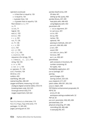 672 Python All-in-One For Dummies
operators (continued)
<= is less than or equal to, 126
== is equal to, 126
> is greater than, 126
>= is greater than or equal to, 126
(//), 117
is, 71
is not, 71
logical, 126
max(s), 103
min(s), 103
n * s, 103
not, 71, 126
or, 71, 126
s * n, 103
s[i], 103
s[i:j], 103
s[i:j:k], 103
s.count(x), 103
sequence s for strings, 103
s.index(x[, i[, j]]), 103
string, 102–105
x in s, 103
x not in s, 103
or operator, 71, 126
ord() function, 104
OS Error, 313
outliers, 433
analog-to-digital converter (ADC), 518–519
breaking down code, 522–525
Grove gas sensor (O2), 519
oxygen experiment, 520–522
P
Pacific/Honolulu time zone, 119
Pacific/Pago_Pago time zone, 119
packages, 12, 343–345
pages, parsing part of, 333
pandas DataFrames, 439
2D data, 441
setting up SQL query, 460
pandas library, 437, 439
heat plots with, 448–450
using BigQuery with, 453
parameters, 86
= value argument, 201
brightness, 601
color, 601
delay, 602
names, 196
optional, 198
passing to methods, 226–227
percent, 604, 605, 606
pixel, 601
speed, 602
validation_data, 387
Verbose, 389
wait_ms, 600, 601
parentheses
with constants in functions, 90
number containing, 65
for tuples, 164
ParkMyRide application, 421
parse package, 327
parsing
parts of pages, 333
storing content, 333–335
pass keyword, 217, 237
patch cables, 499–501, 503, 550
people object, 308
PEP (Python enhancement proposals), 50
PEP 8, 50
errors, 81–82
workspace settings enabled with, 52
PEP 20, 50
percent parameter, 604, 605, 606
persisted data, 224
physical computing, 471–486
controlling LED, 482–484
in everyday life, 472
 
