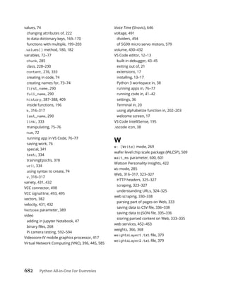 682 Python All-in-One For Dummies
values, 74
changing attributes of, 222
to data dictionary keys, 169–170
functions with multiple, 199–203
.values() method, 180, 182
variables, 72–77
chunk, 285
class, 228–230
content, 276, 333
creating in code, 74
creating names for, 73–74
first_name, 290
full_name, 290
history, 387–388, 409
inside functions, 196
k, 316–317
last_name, 290
link:, 333
manipulating, 75–76
num, 72
running app in VS Code, 76–77
saving work, 76
special, 341
text:, 334
trainingEpochs, 378
url:, 334
using syntax to create, 74
v, 316–317
variety, 431, 432
VCC connector, 498
VCC signal line, 493, 495
vectors, 382
velocity, 431, 432
Verbose parameter, 389
video
adding in Jupyter Notebook, 47
Pi camera testing, 592–594
Videocore-IV mobile graphics processor, 417
Virtual Network Computing (VNC), 396, 445, 585
Voice Time (Shovic), 646
voltage, 491
dividers, 494
of SG90 micro servo motors, 579
volume, 430–432
VS Code editor, 12–13
built-in debugger, 43–45
exiting out of, 21
extensions, 17
installing, 13–17
Python 3 workspace in, 38
running apps in, 76–77
running code in, 41–42
settings, 36
Terminal in, 20
using alphabetize function in, 202–203
welcome screen, 17
VS Code IntelliSense, 195
.vscode icon, 38
W
w: (Write) mode, 269
wafer level chip scale package (WLCSP), 509
wait_ms parameter, 600, 601
Watson Personality Insights, 422
wb mode, 285
Web, 316–317, 323–327
HTTP headers, 325–327
scraping, 323–327
understanding URLs, 324–325
web scraping, 330–338
parsing part of pages on Web, 333
storing parsed content on Web, 333–335
web services, 452–453
weights, 366, 368
weightsLayer1.txt
weightsLayer2.txt
 