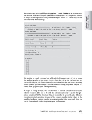 Building
a
Neural
Network
in
Python
CHAPTER 2 Building a Neural Network in Python 389
python3 TensorFlowKeras.py in our termi-
Verbose model.fit
...
Epoch 1999/2000
8/8 [==============================] - 0s 2ms/step - loss: 0.0367 - binary_
accuracy: 1.0000 - val_loss: 0.0367 - val_binary_accuracy: 1.0000
Epoch 2000/2000
8/8 [==============================] - 0s 2ms/step - loss: 0.0367 - binary_
accuracy: 1.0000 - val_loss: 0.0367 - val_binary_accuracy: 1.0000
_________________________________________________________________
Layer (type) Output Shape Param #
=================================================================
dense (Dense) (None, 4) 16
_________________________________________________________________
dense_1 (Dense) (None, 1) 5
=================================================================
Total params: 21
Trainable params: 21
Non-trainable params: 0
_________________________________________________________________
0.8436875
[[1.]
[0.]
[0.]
[0.]
[0.]
[0.]
[0.]
[1.]]
model.predict function call at the end matches our
relu -
 