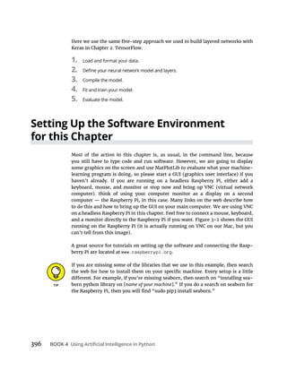 BOOK 4
1. Load and format your data.
2.
3. Compile the model.
4. Fit and train your model.
5. Evaluate the model.
Setting Up the Software Environment
-
www.raspberrypi.org
-
name of your machine
 