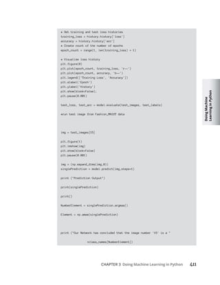 Doing
Machine
Learning
in
Python
CHAPTER 3 Doing Machine Learning in Python
# Get training and test loss histories
training_loss = history.history['loss']
accuracy = history.history['acc']
# Create count of the number of epochs
epoch_count = range(1, len(training_loss) 1)
# Visualize loss history
plt.figure(0)
plt.plot(epoch_count, training_loss, 'r--')
plt.plot(epoch_count, accuracy, 'b--')
plt.legend(['Training Loss', 'Accuracy'])
plt.xlabel('Epoch')
plt.ylabel('History')
plt.show(block=False);
plt.pause(0.001)
test_loss, test_acc = model.evaluate(test_images, test_labels)
#run test image from Fashion_MNIST data
img = test_images[15]
plt.figure(1)
plt.imshow(img)
plt.show(block=False)
plt.pause(0.001)
img = (np.expand_dims(img,0))
singlePrediction = model.predict(img,steps=1)
print ("Prediction Output")
print(singlePrediction)
print()
NumberElement = singlePrediction.argmax()
Element = np.amax(singlePrediction)
print ("Our Network has concluded that the image number '15' is a "
class_names[NumberElement])
 